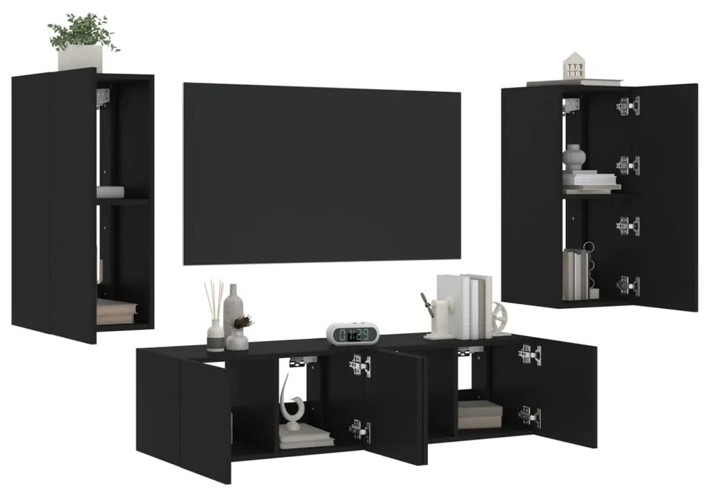 vidaXL 4 pcs móveis de parede p/ TV c/ LEDs derivados de madeira preto