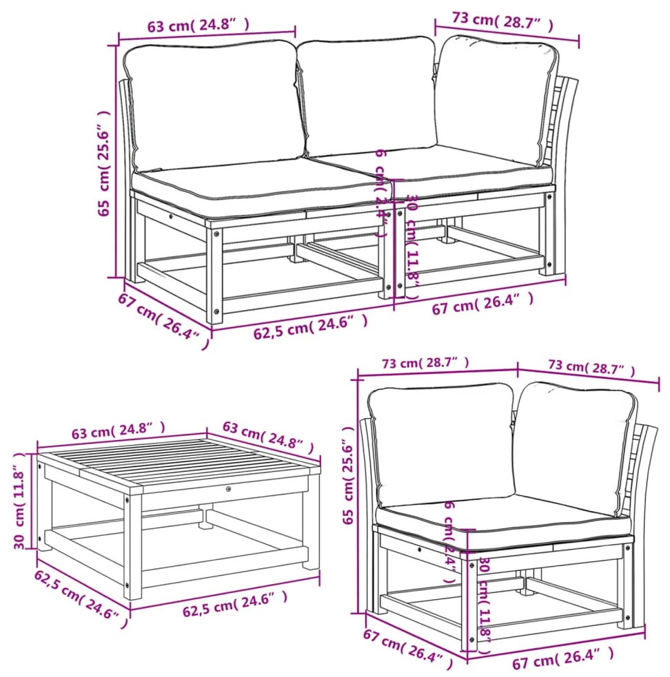 6 pcs conjunto lounge jardim c/almofadões madeira maciça acácia