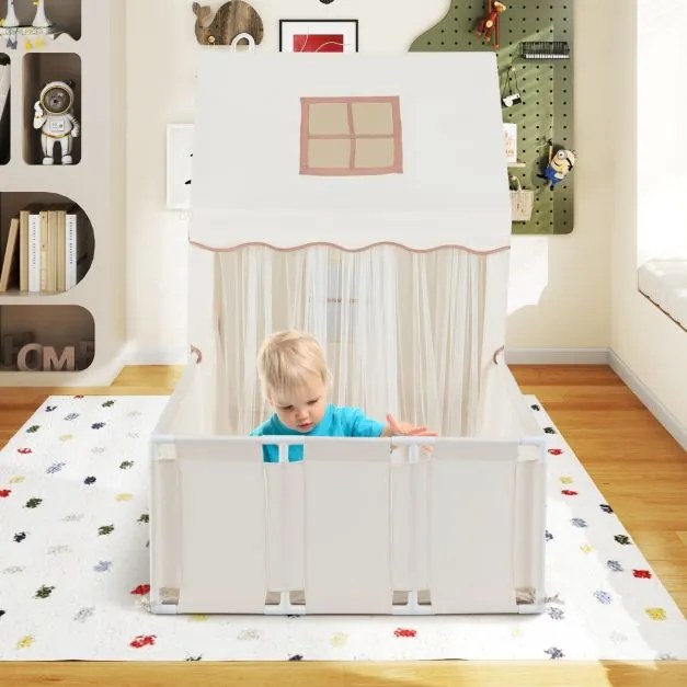 Tenda infantil 2 em 1 com Luzes de estrelas 177 x 97 x 136 cm Tapete Cortinas Janelas para crianças 3+ anos Interior Bege