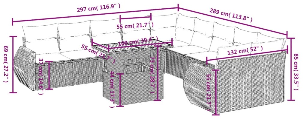 11 pcs conjunto sofás de jardim c/ almofadões vime PE preto