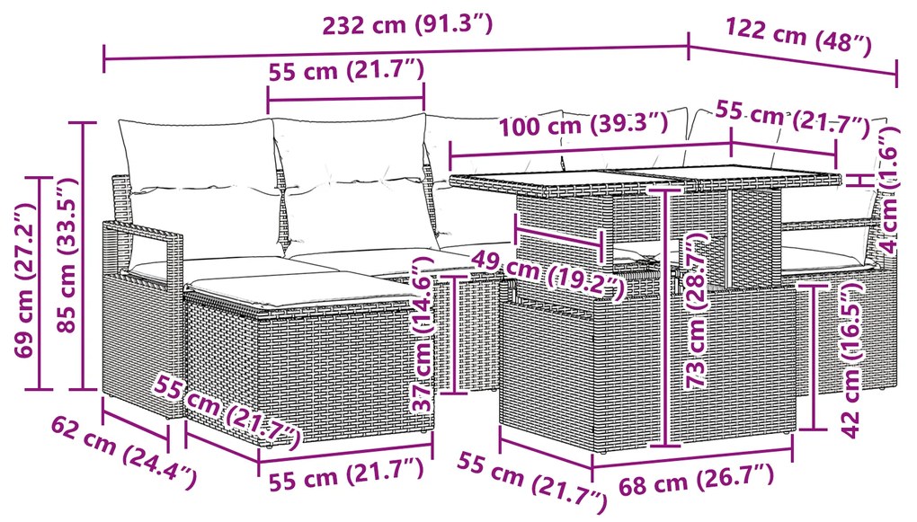 Conjunto de Sofá de Jardim vidaXL de 7 Peças com Almofadas Preto Ratta