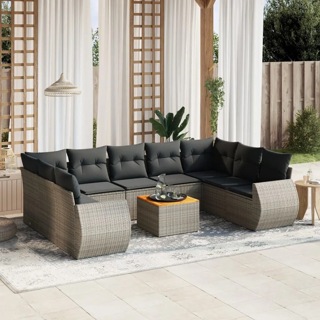 10 pcs conjunto sofás de jardim c/ almofadões vime PE cinzento