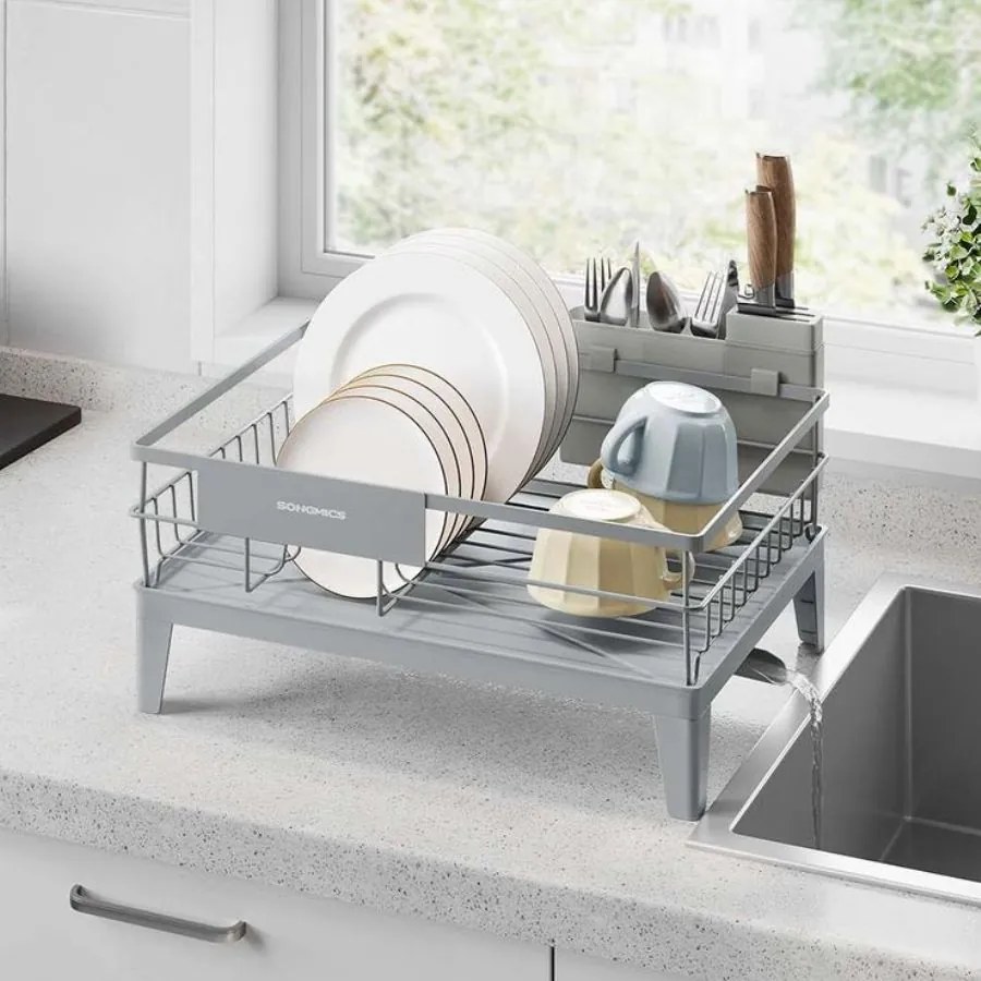 Escorredor de louça 31 x 42 x 18,5 cm com tabuleiro de recolha e suporte para talheres, cinzento
