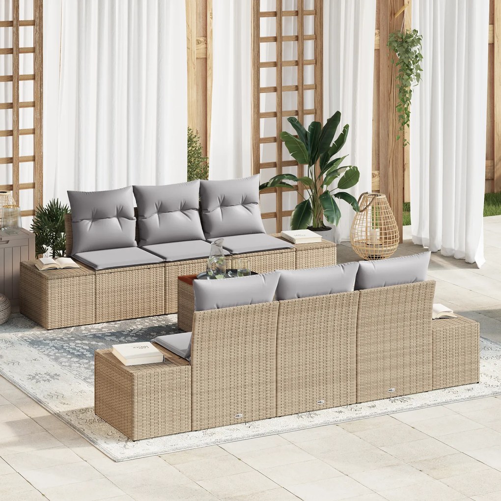 Conjunto de Sofá de Jardim de 7 Peças com Almofadas Bege Rattan Poliés