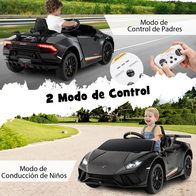 Carro Elétrico Lamborghini Licenciado para Crianças 12V com Controlo Remoto Luzes LED Música Buzina Arranque Suave Preto