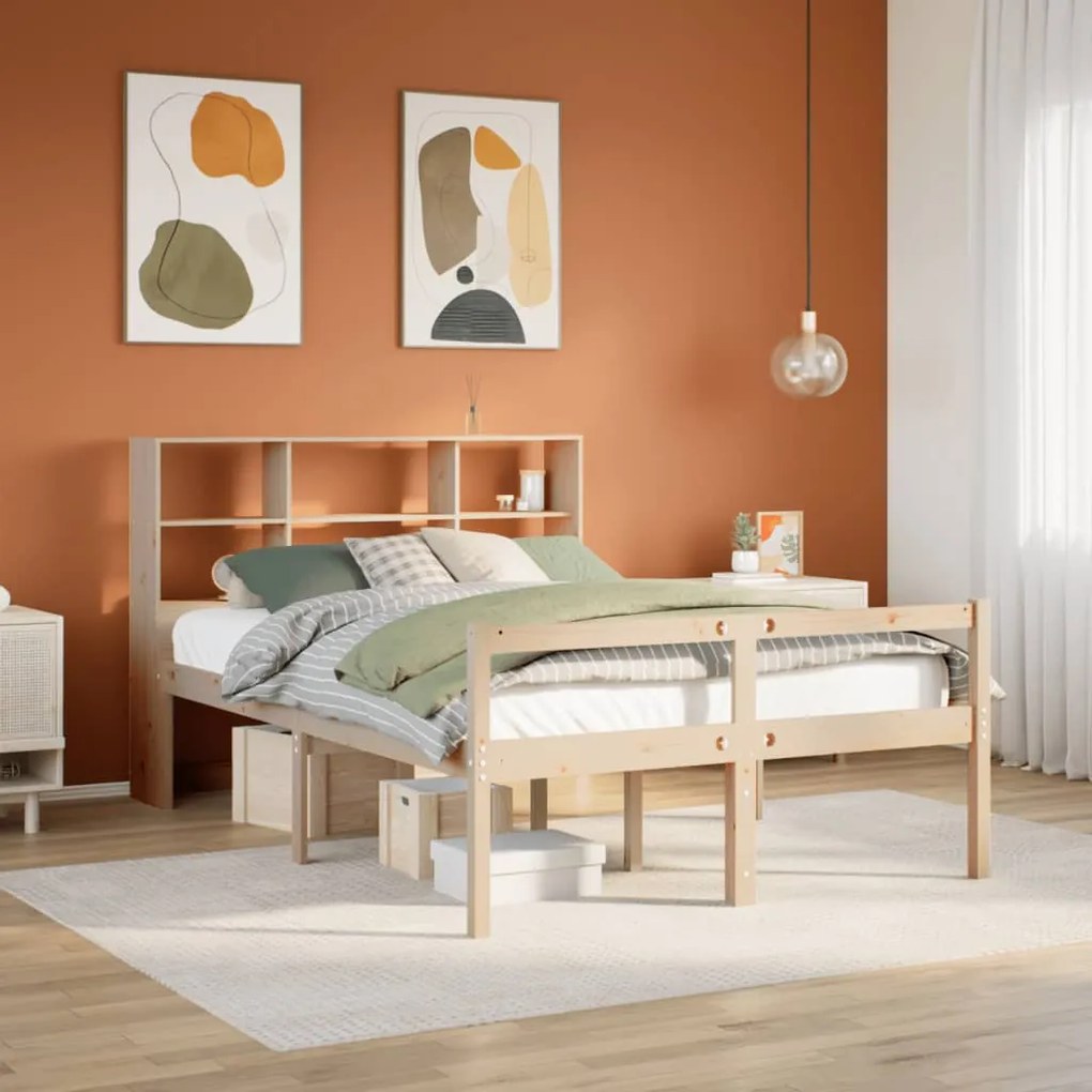 vidaXL Cama com estante sem colchão 135x190 cm pinho maciço