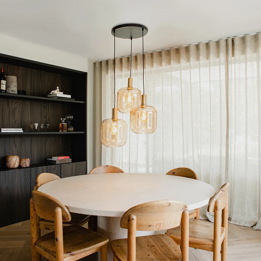 Candeeiro de suspensão design preto com latão e vidro âmbar 3-luzes - Zuzanna