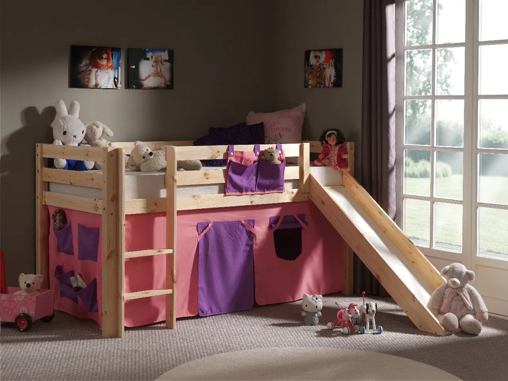 Conjunto Cama alta de Criança PINO 90 x 200 cm + estrado + escada + escorrega + cortina Bella Natural