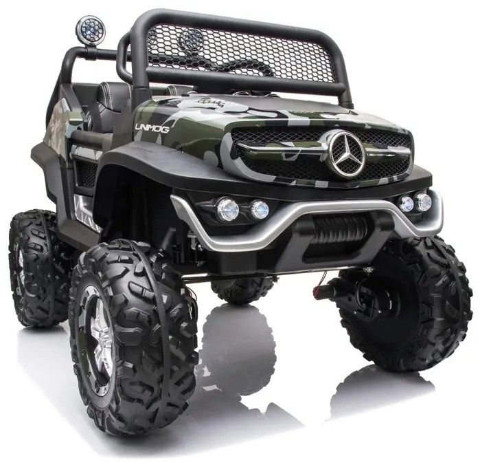 Carro elétrico para crianças Mercedes Unimog 12v, pneus de borracha, assento de couro camuflado