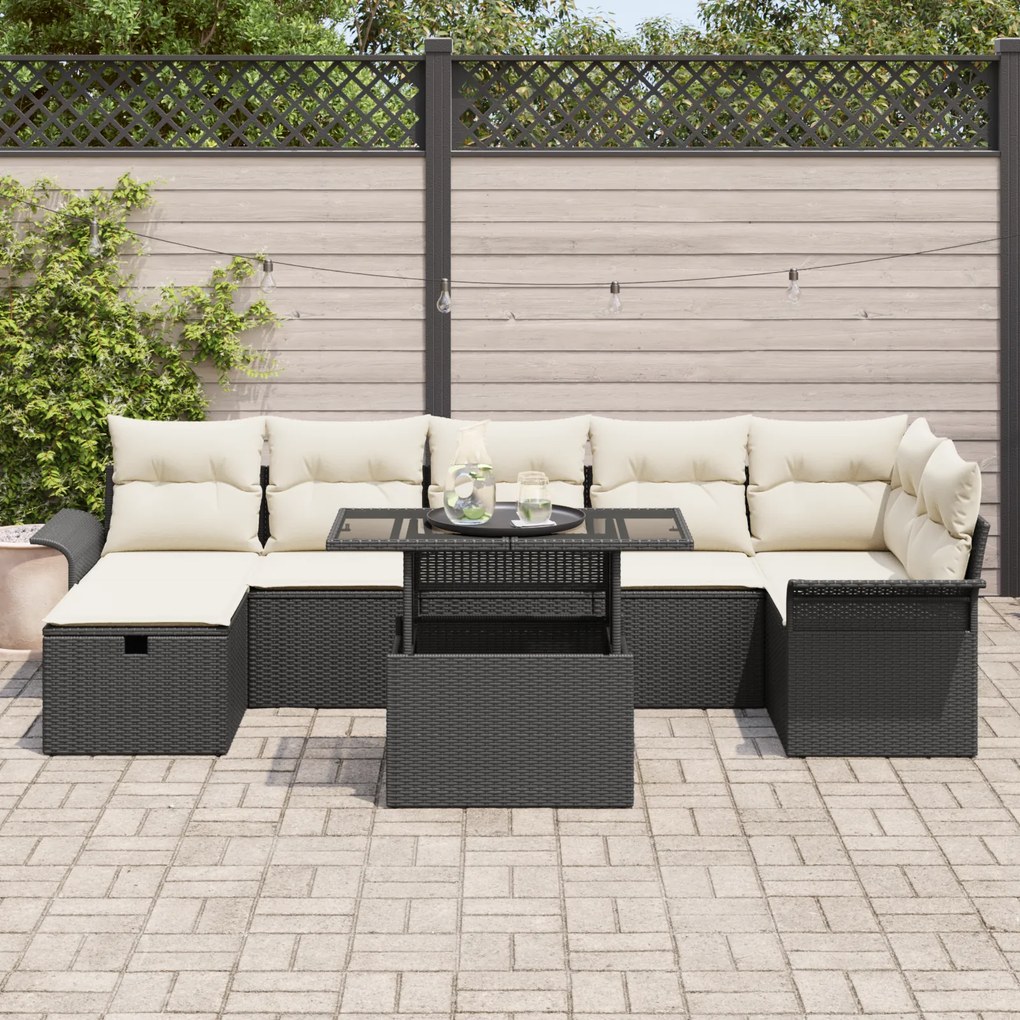 Conjunto de Sofá de Jardim de 8 Peças com Almofadas Preto Vime PE