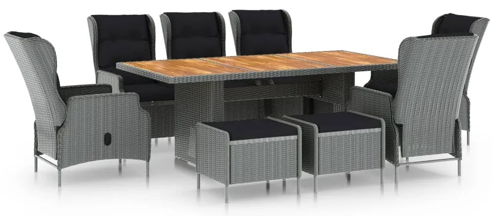 vidaXL 9 pcs conj. jantar exterior + almofadões vime PE cinzento-claro