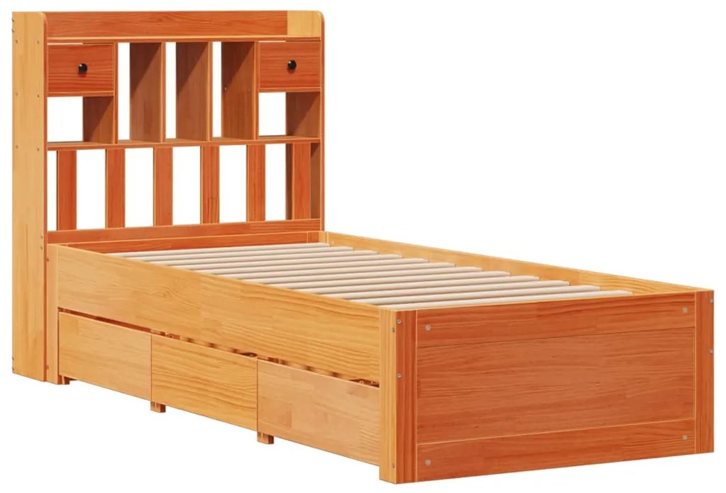Cama com estante sem colchão 75x190cm pinho maciço castanho-mel
