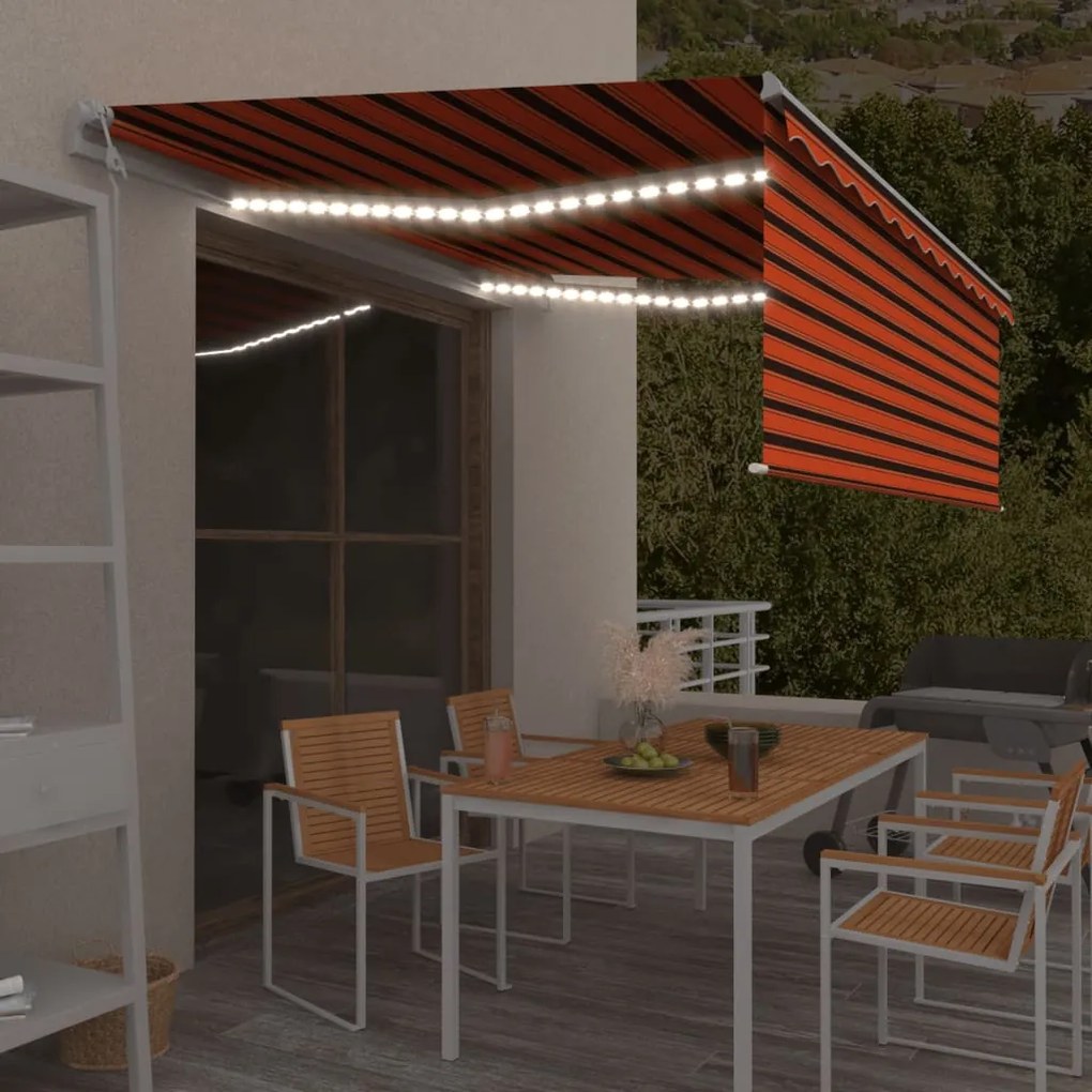 Toldo autom. LED e sensor de vento 4,5x3 m laranja e castanho