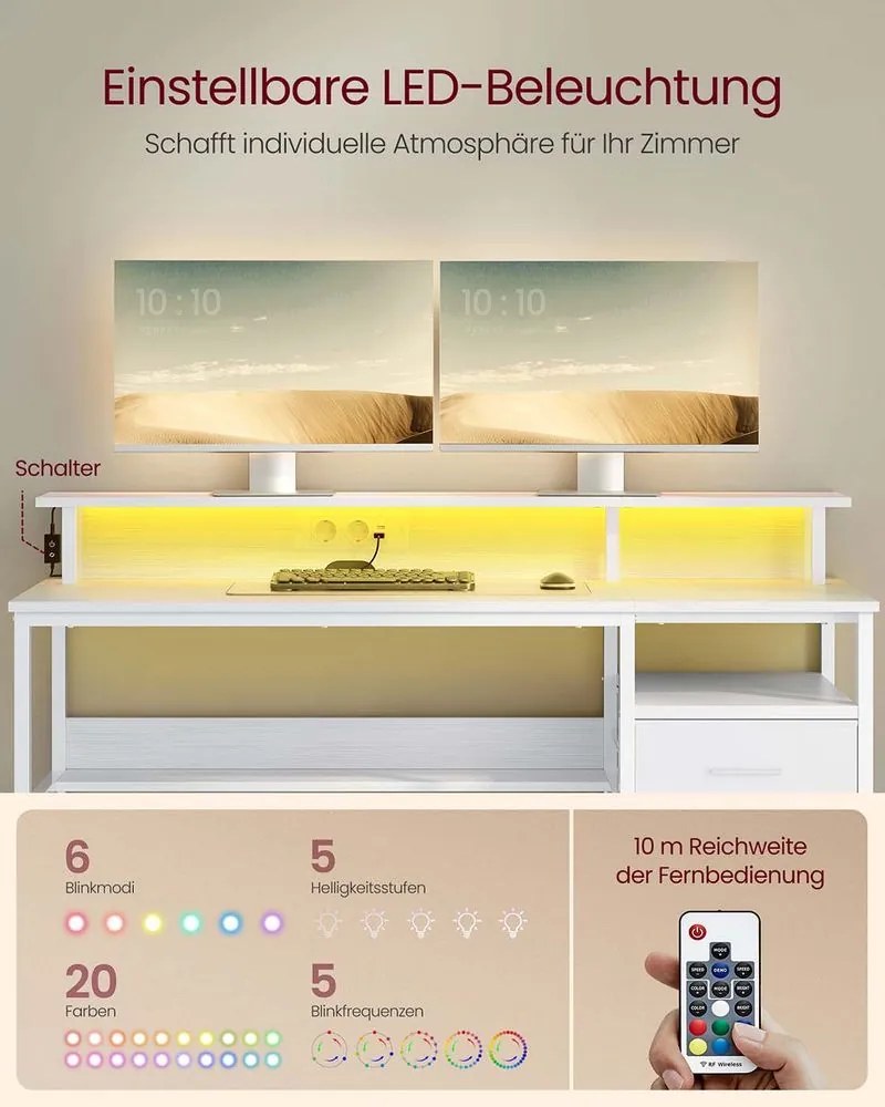 Secretária 55 x 135 x 90 cm com gavetas em tecido e iluminação LED em branco