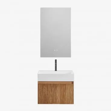 Conjunto De Móvel De Casa De Banho Suspenso Em Madeira Com Lavatório Integrado Aldeia Castanho Fresno & Retangular Led E Anti-embaciamento - Sklum