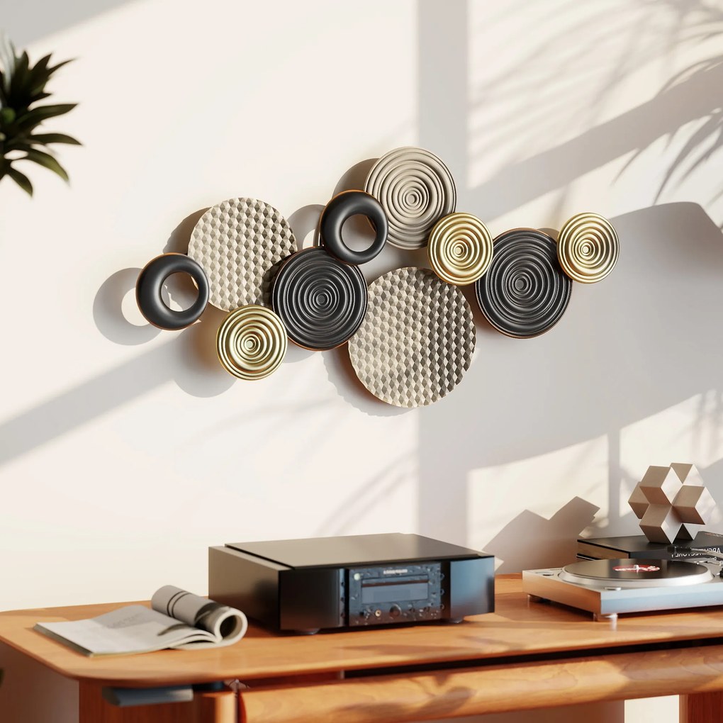 Decoração de parede em metal 100 x 50 cm, escultura de parede em metal, design exclusivo com vários discos, , cáqui e preto