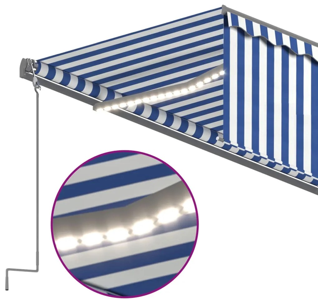 Toldo automático c/ estore/LED/sensor de vento 6x3m azul/branco