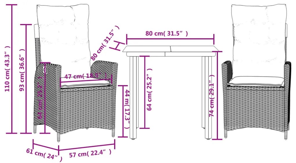 3 pcs conjunto de jantar p/ jardim c/ almofadões vime PE cinza