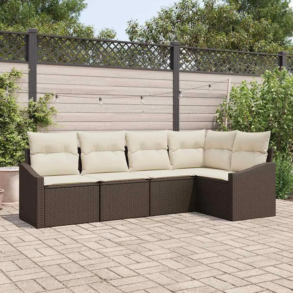 Conjunto de Sofá de Jardim de 5 Peças com Almofadas Marrons em Rattan
