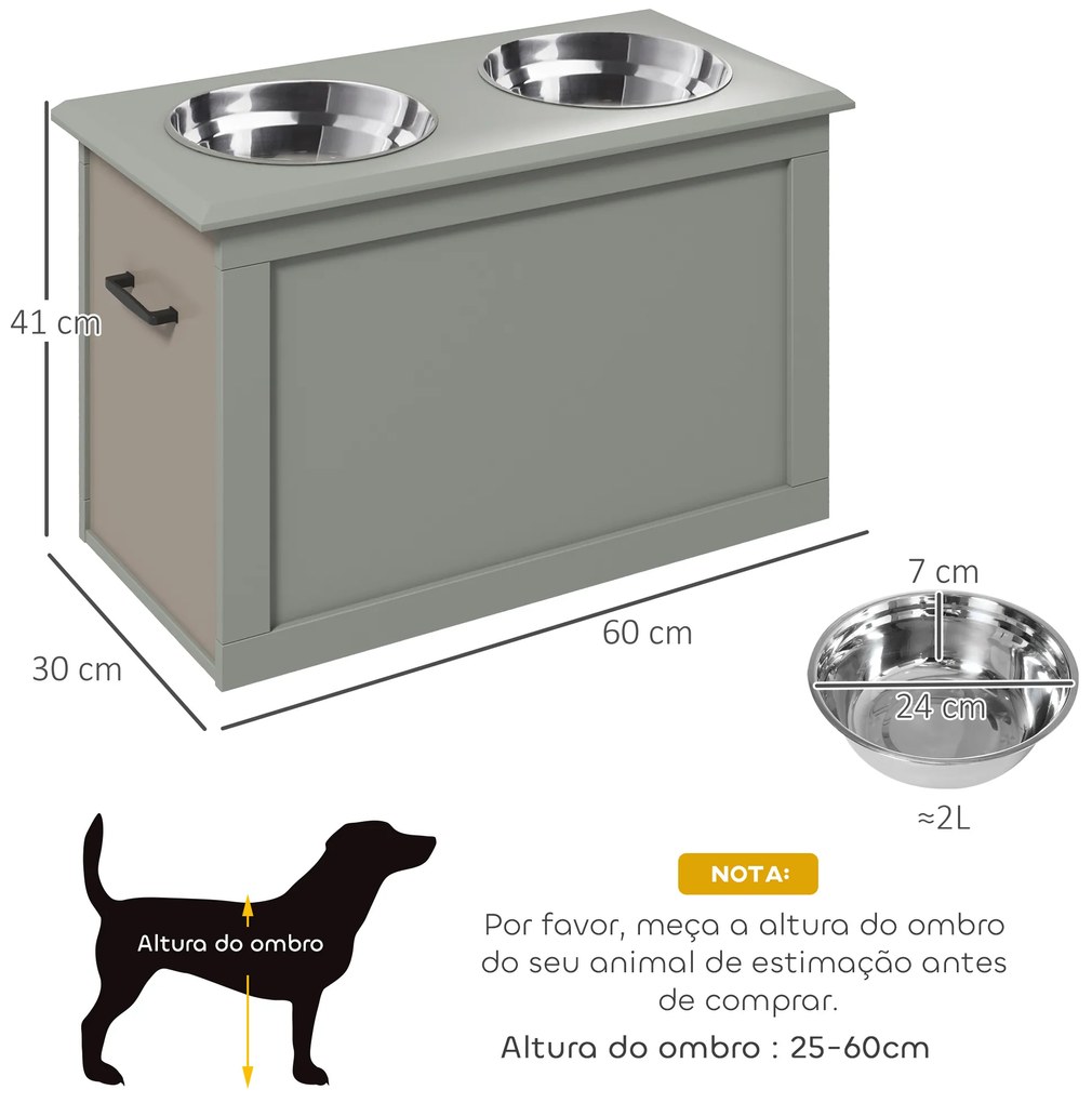 Comedouro Elevado para Cães com 2 Tigelas de Aço Inoxidável e Espaço de Armazenamento Oculto 60x30x41 cm Cinzento