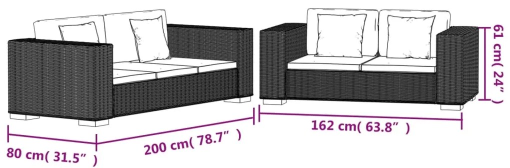 Conjunto sofás de 2 + 3 lugares, vime genuíno
