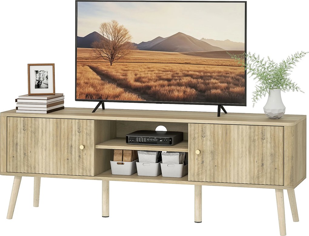 Móvel para televisão 140 x 35 x 49 cm, com capacidade para ecrãs até 65 polegadas, com 2 portas, 2 compartimentos abertos, prateleira ajustável, cor c
