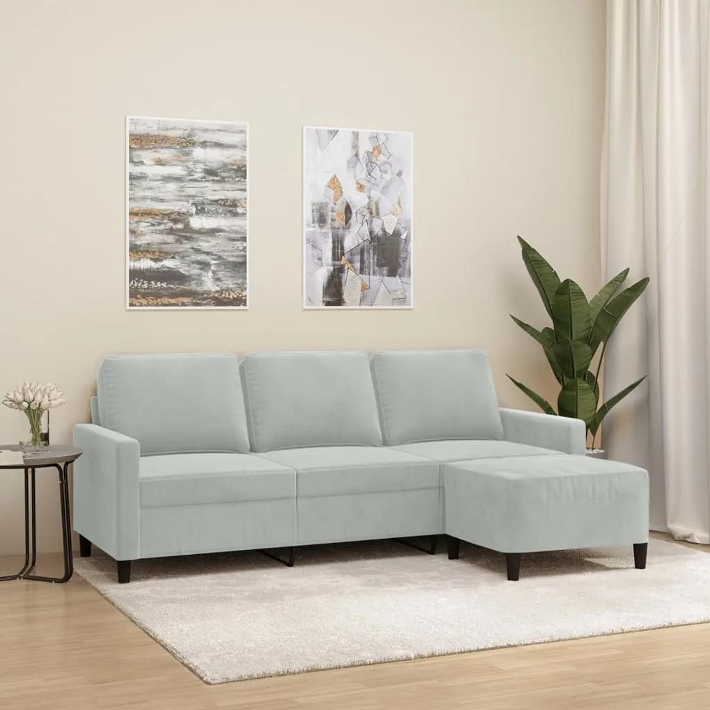 Sofá de 3 lugares com apoio de pés 180 cm veludo cinzento-claro