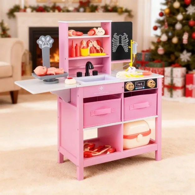 Centro Médico de Brincar de Madeira para Crianças 75 x 28 x 82 cm com Quadro Branco Balança para Animais de Estimação Torneira e Vários Acessórios Ros