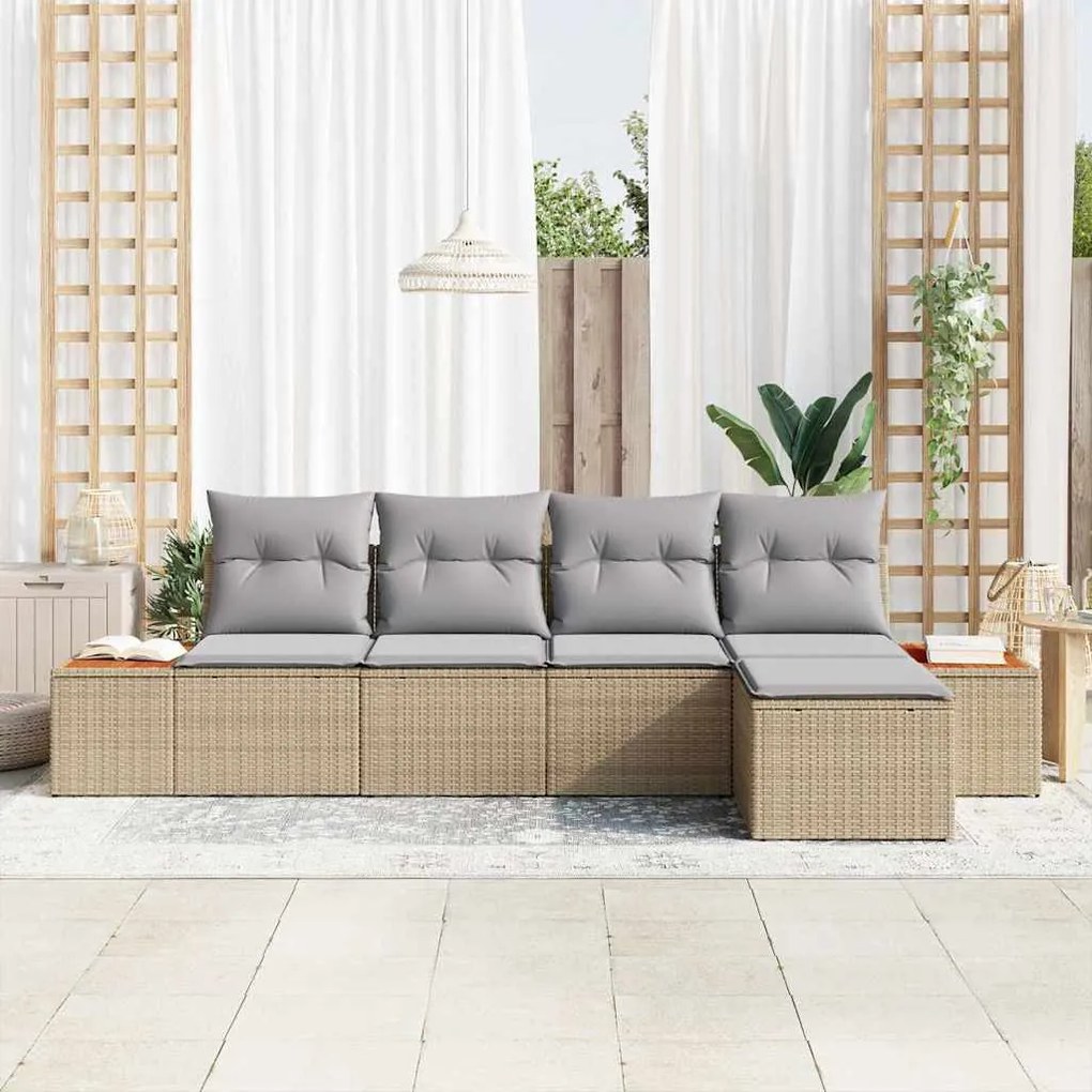 Conjunto de Sofá de Jardim de 5 Peças com Almofadas Bege Rattan Poliet