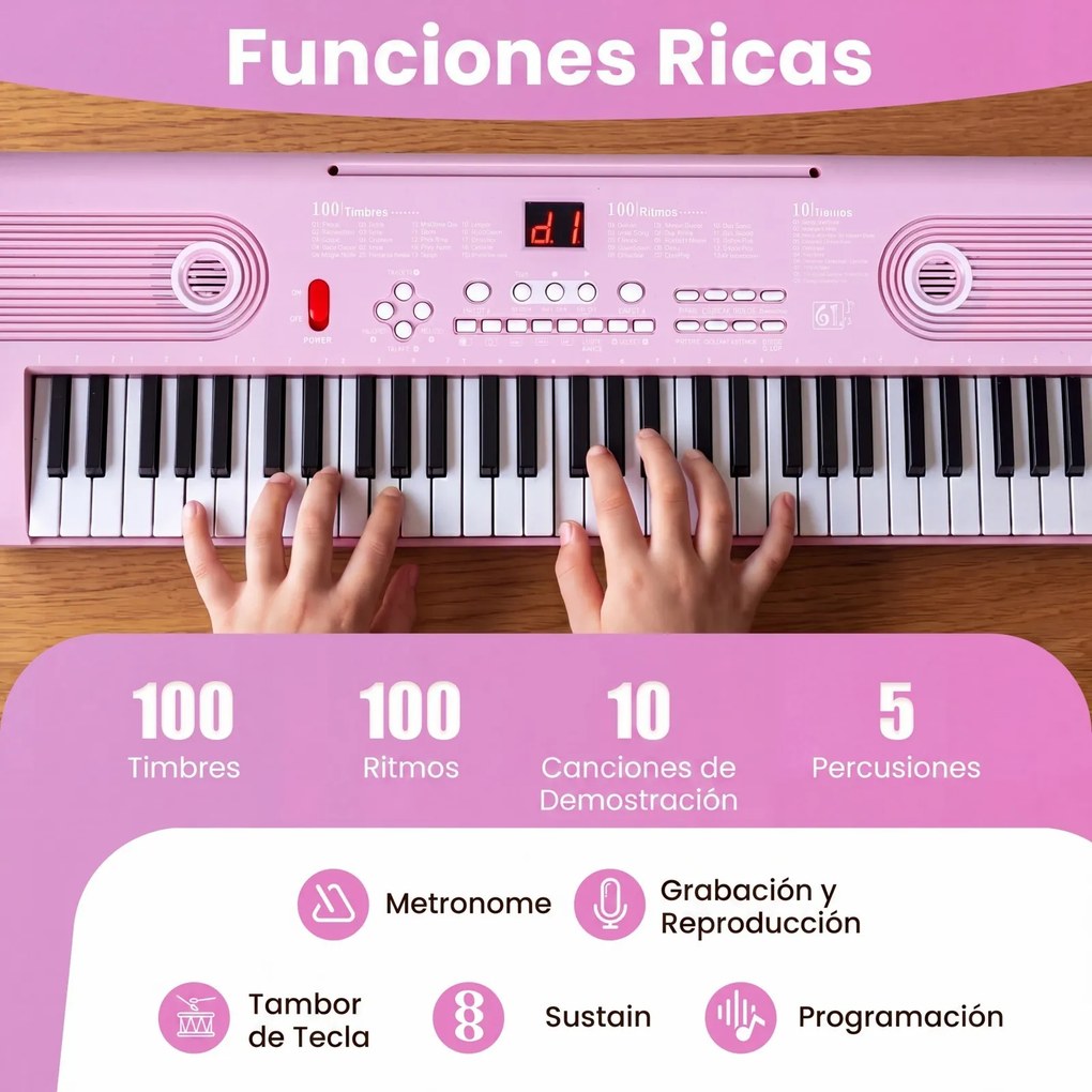 Teclado de piano portátil de 61 teclas com suporte para partituras, microfone, autocolantes de notas e bolsa – 58 x 18 x 5 cm – Rosa