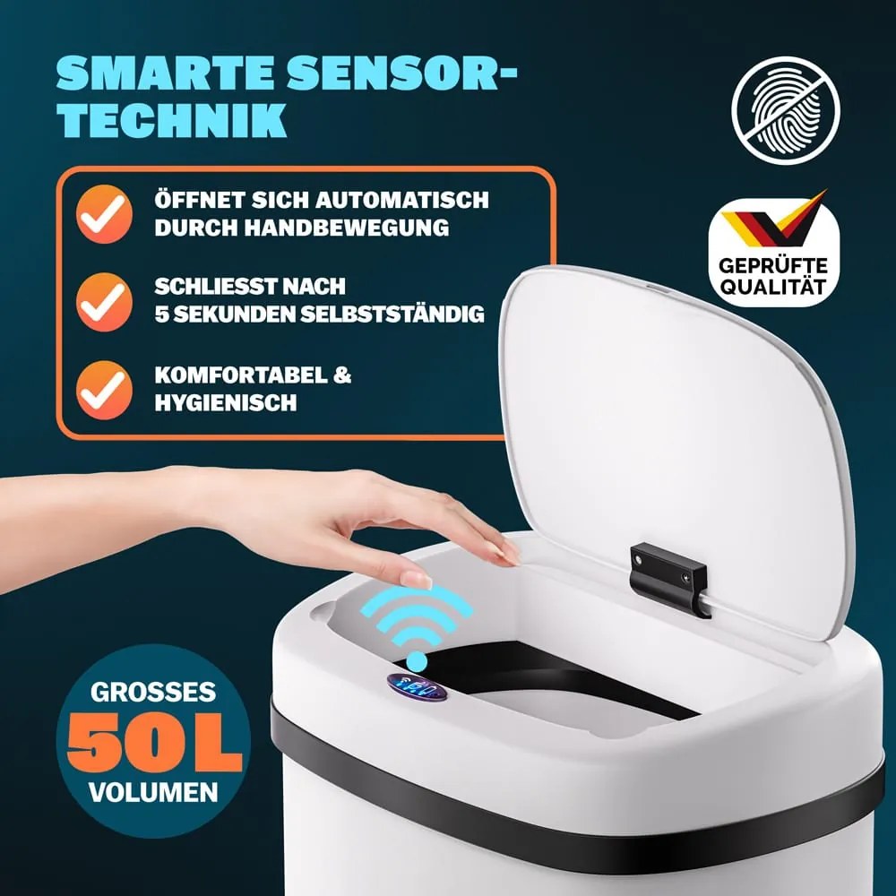 Caixote do lixo com sensor em aço inoxidável 50L branco