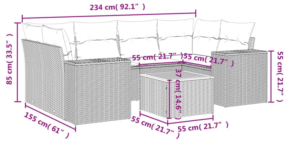 7 pcs conjunto de sofás p/ jardim com almofadões vime PE bege