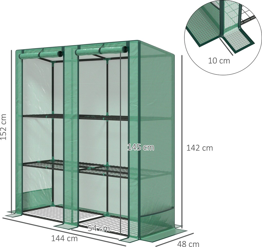 Estufa de jardim 144 x 48 x 152 cm com prateleiras metálicas de 3 níveis, estufa de varanda com cobertura em PE e telhado inclinado, verde