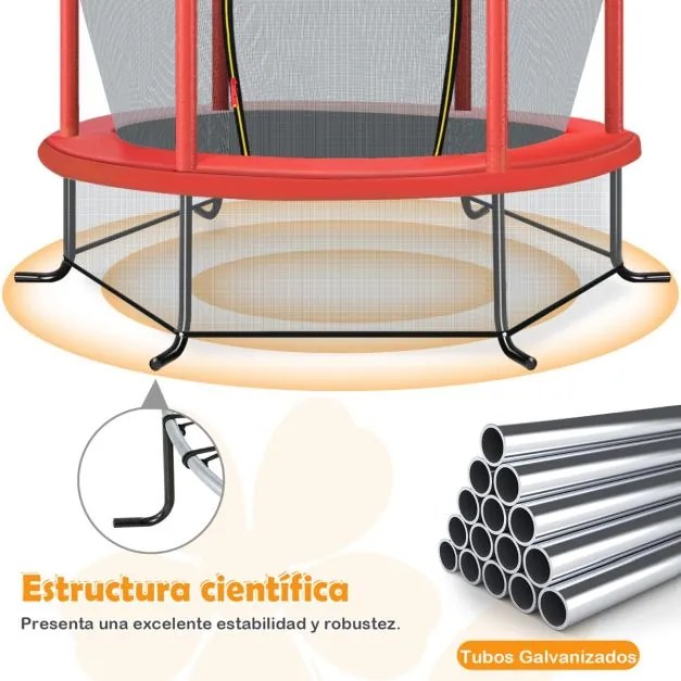 Trampolim para crianças 191 cm com rede de segurança e almofada para molas recreativas Estrutura em aço Vermelho