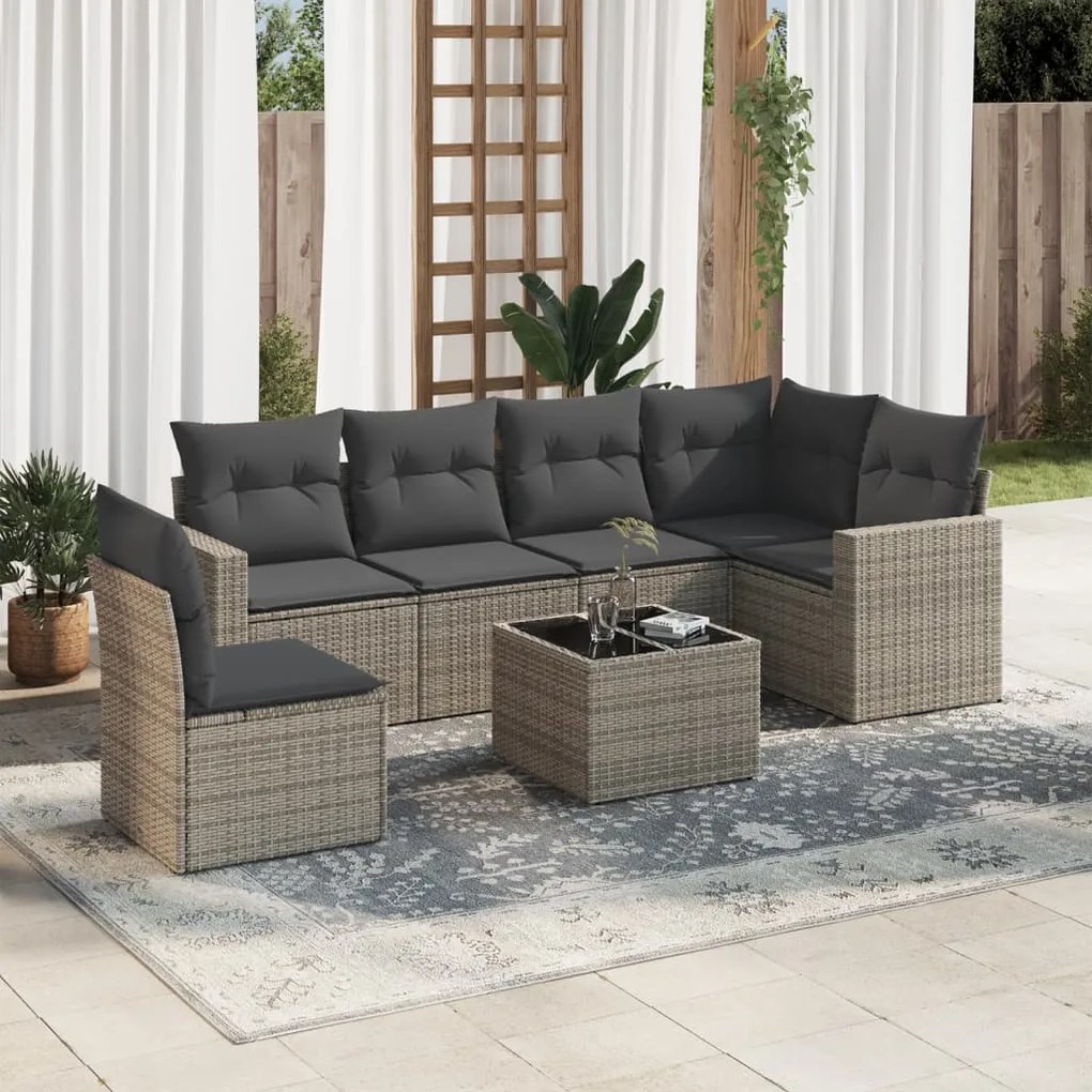 7 pcs conjunto sofás p/ jardim c/ almofadões vime PE cinzento