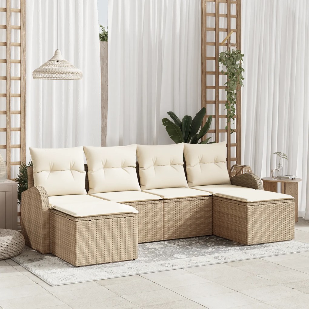 Conjunto de Sofá de Jardim vidaXL com 6 Peças e Almofadas Bege Rattan Polipropileno