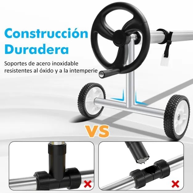 Carretel de cobertura piscina ajustável até 7 m com rodas de borracha para piscinas elevadas e enterradas