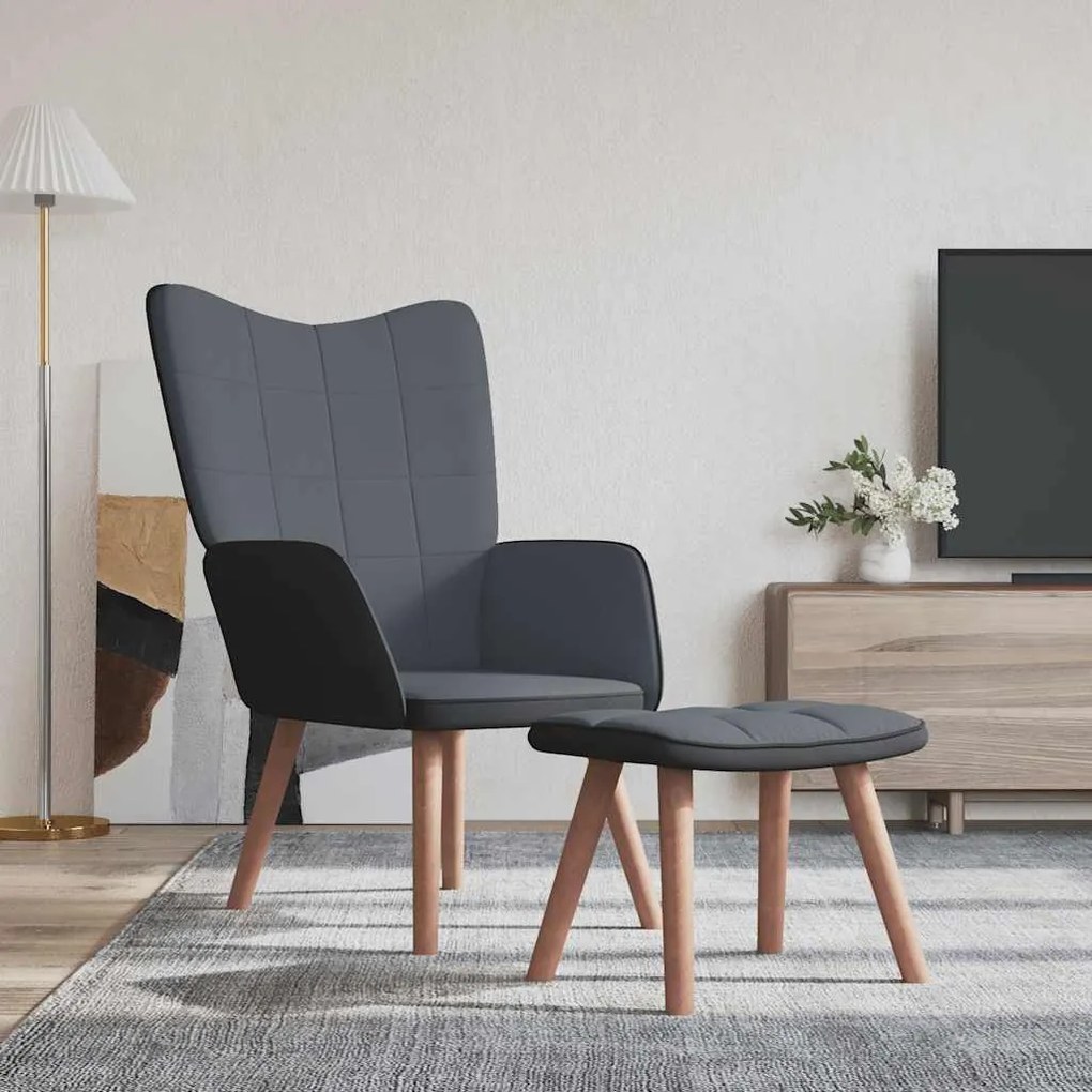 vidaXL Cadeira de descanso com banco PVC e veludo cinzento-escuro