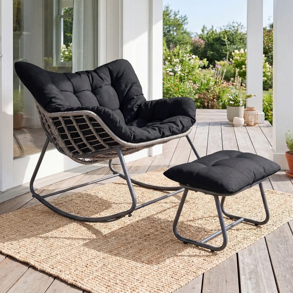 Cadeira de baloiço com apoio para os pés em rattan PE, almofadas removíveis, Estrutura metálica antiderrapante, capacidade de carga de 150 kg, para sa