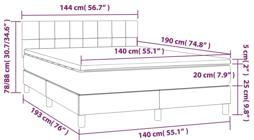 Cama box spring c/ colchão e LED 140x190 cm tecido cor creme