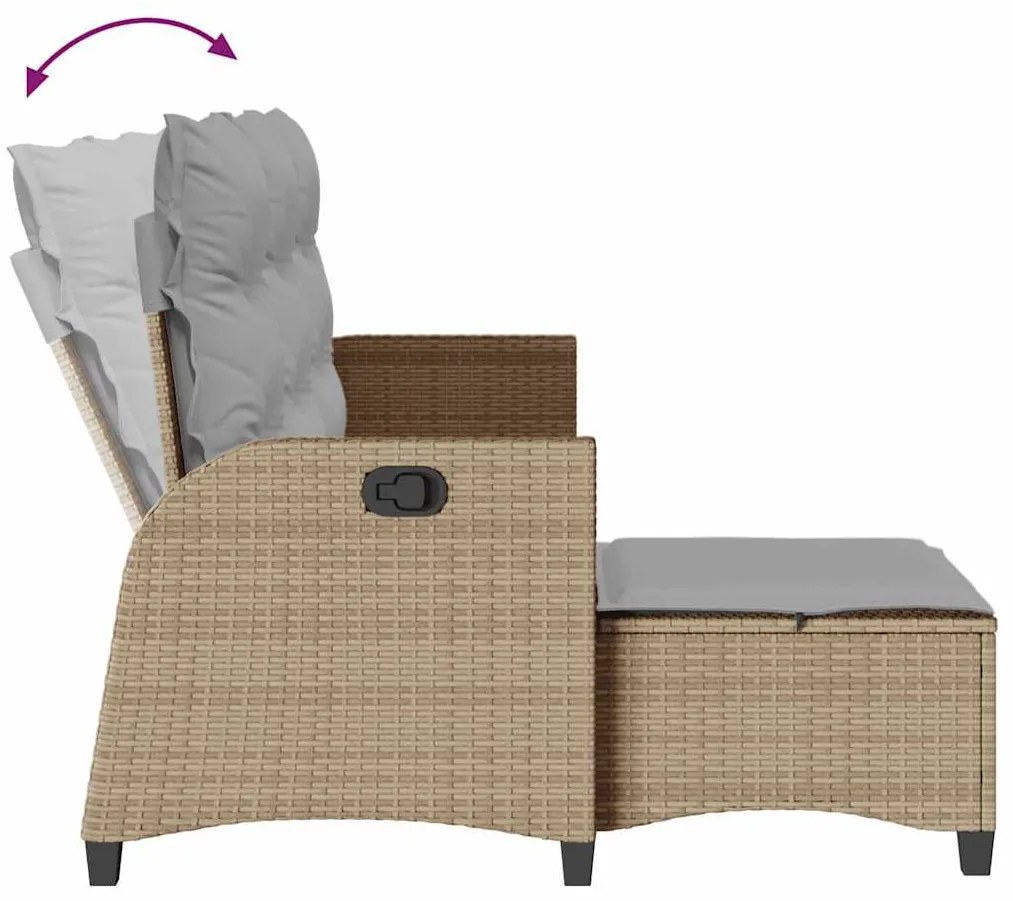 Sofá de jardim reclinável em forma de L com almofadões vime PE