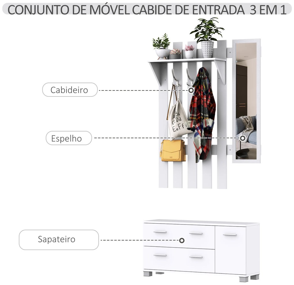 Móvel Cabide de Entrada com Espelho Ganchos e Sapateira Móvel de Entrada com 3 Ganchos Prateleira e 2 Gavetas Branco