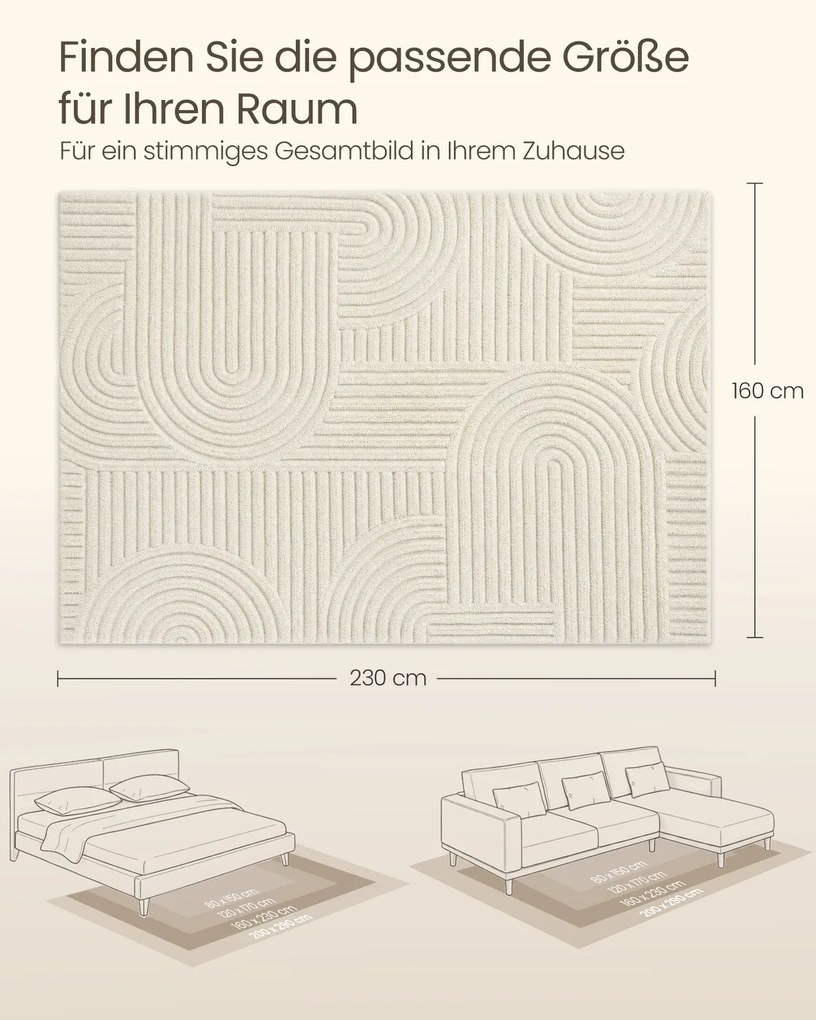 Tapete 3D  230 x 160 cm, lavável na máquina e antiderrapante creme