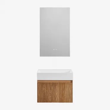 Conjunto De Móveis De Casa De Banho Em Madeira Aldeia Com Lavatório Integrado Madeira Escura & Retangular Led E Anti-embaciamento 55x90 Cm - Sklum