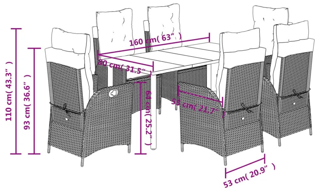 7 pcs conj. jantar p/ jardim c/ almofadões vime PE cinza-claro