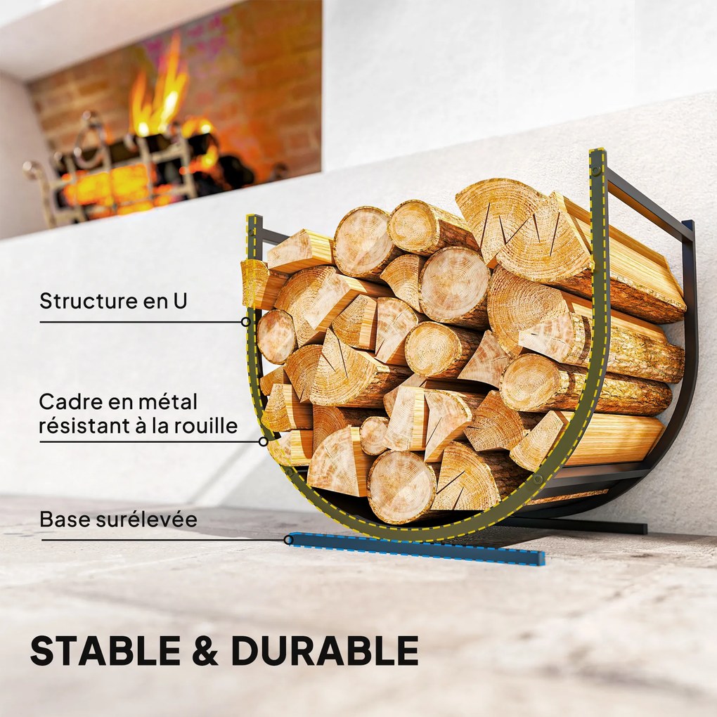 Porta-lenha curvo e robusto para interior e exterior, estrutura em metal, 43 x 33 x 38 cm, preto