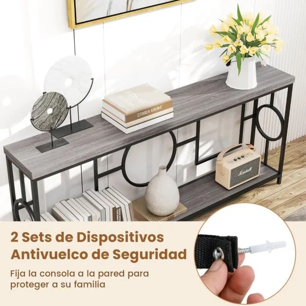 Mesa de consola moderna de 2 níveis 180 x 30 x 80 cm Mesa de entrada estreit com estrutura metálica Mesa de apoio rústica com estante Castanho