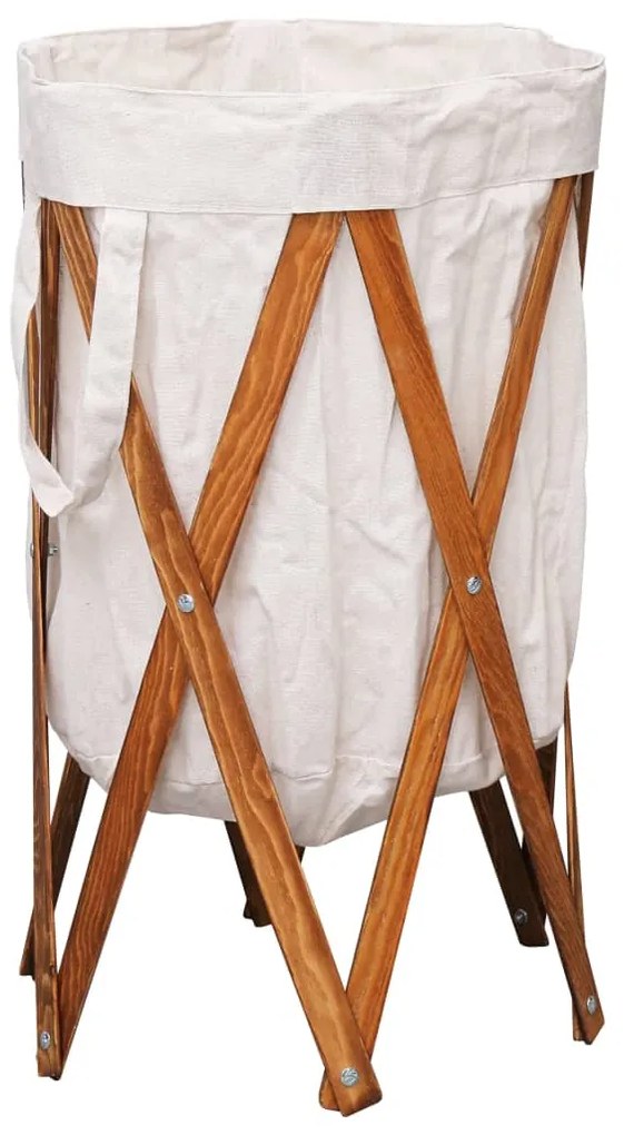 Cesto para roupa suja dobrável madeira e tecido creme