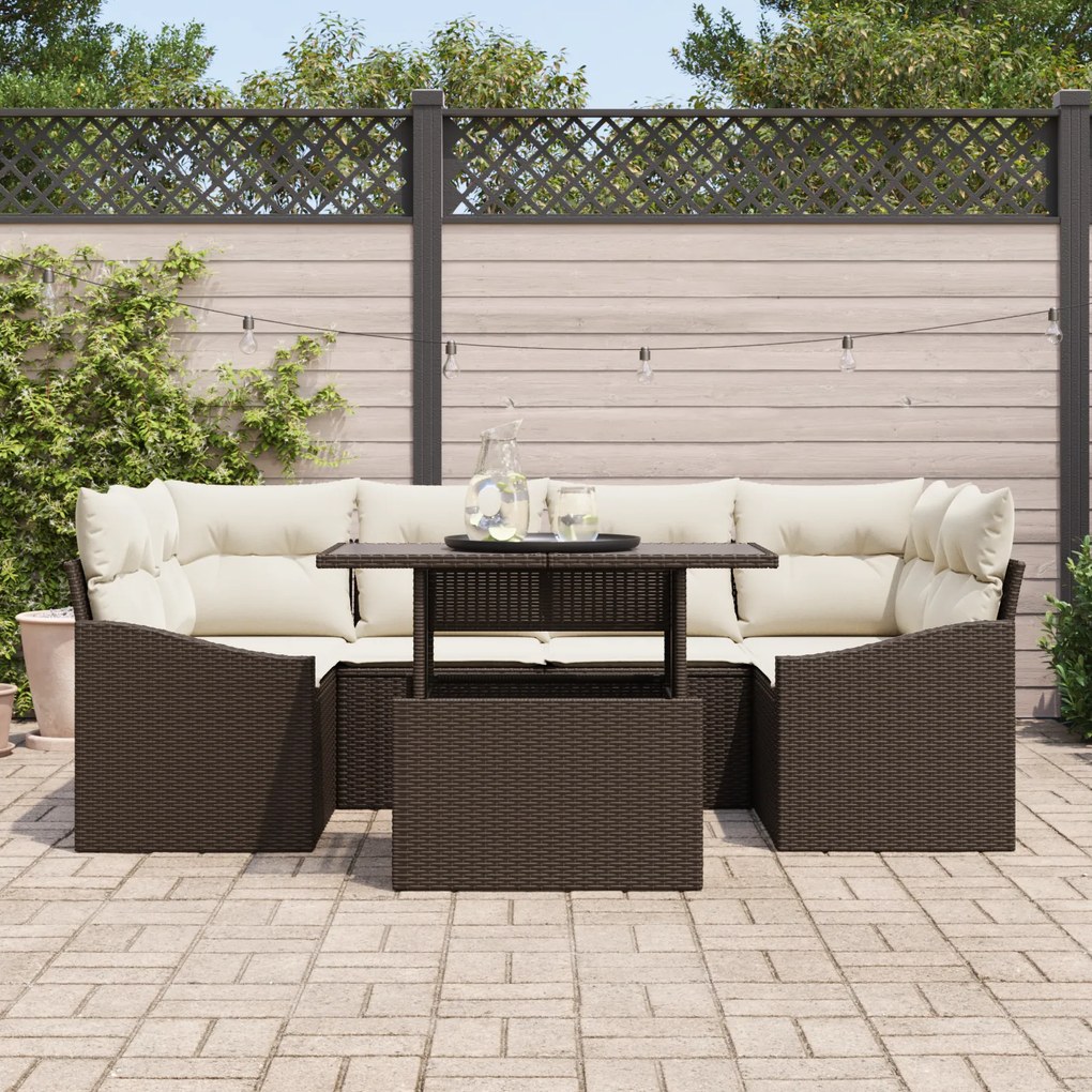 Conjunto de Sofá de Jardim de 7 Peças com Almofadas Castanho em Rattan