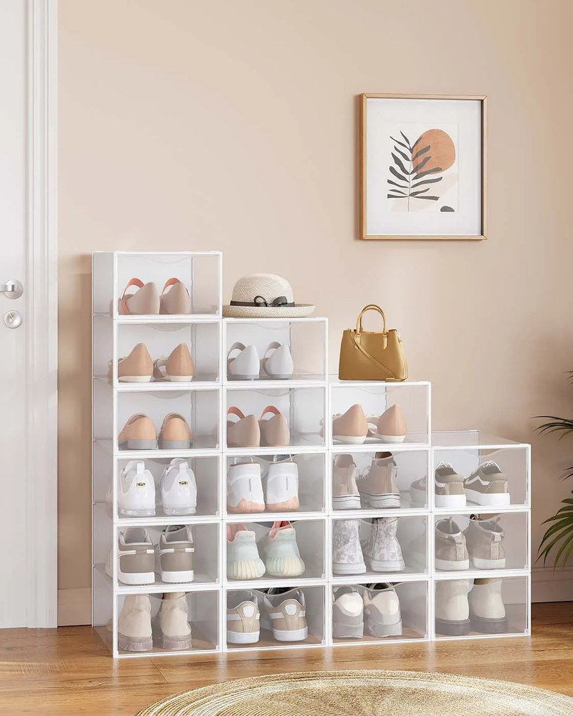 Conjunto de 18 caixas para sapatos com porta 33,2 x 23 x 14,5 cm transparente-branco